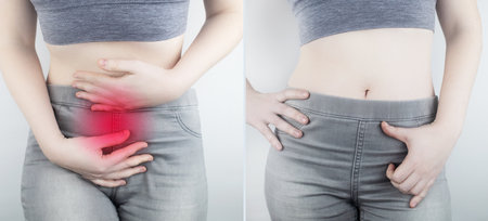 A woman suffers from pain in the pelvic organs. The gynecologist examines the patient. Painful location, female disease, cystitis, or urinary incontinence. On examination by a doctorの写真素材
