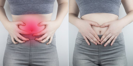 Before and after abdominal pain. On the left is a photo of how the person is hurt stomach, and on the right, that everything is fine for him and the abdominal cavity does not hurt anymore. Spasmsの写真素材