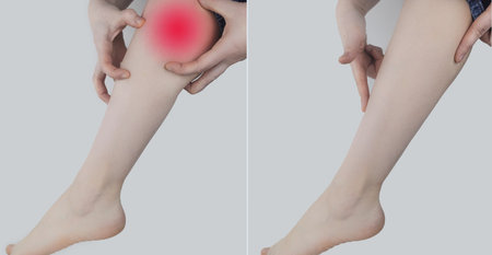 before and after. On left woman is holding on to calf muscle because it hurts a lot. On the right doctors have healed the injury and there is no more pain. Ligament sprain and muscle ruptureの写真素材
