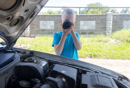 A mechanic dad teaches his son how to change the timing belt and car cooling pump at home. Child holds a pump in his hand. Maintenance of the car according to the regulations. new partsの写真素材