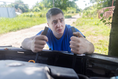timing belt break. Man near hood of car is looking for a malfunction due to which the engine does not work. Driver is holding a broken front belt in his hands. Shock due to irreparable damage.の写真素材