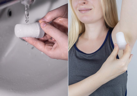 Mineral alum crystal stick. A woman applies a natural antiperspirant to her armpits to reduce odor and sweat. Natural environmentally friendly and safe cosmetics. Safe for peopleの写真素材
