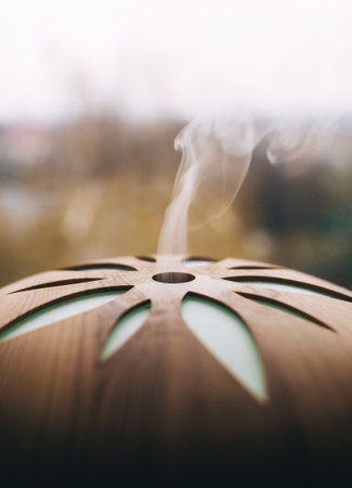 Air humidifier. Aroma diffuser close-up. A stream of steam close-up and other details blurry. The composition creates a romantic mood. Muted tones, window view and slowly rising cold steamの写真素材
