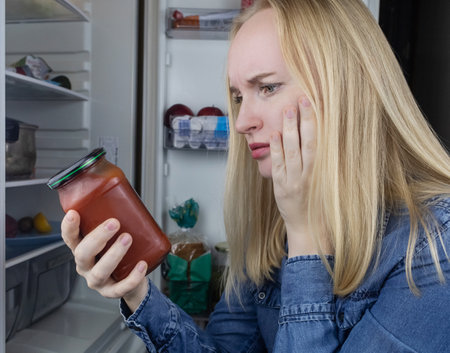 Woman reads instructions for food products at home. Checking labels on goods. Study of product compositions. Search Internet for descriptions of product gradients. Useful or harmful. Nutritionologyの写真素材