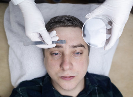 A dermatologist takes a skin scraping and tests for demodicosis and dermatitis, fungal infection. Close-up of a male patient's face at a doctor's appointmentの写真素材