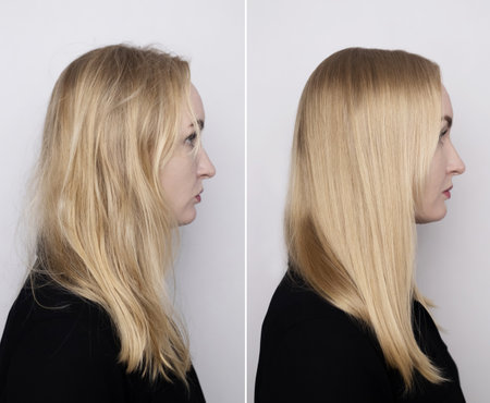 Hair straightening in a beauty salon, using conditioner, keratin, lamination. Before and after photos. Tangled and straight hairの写真素材