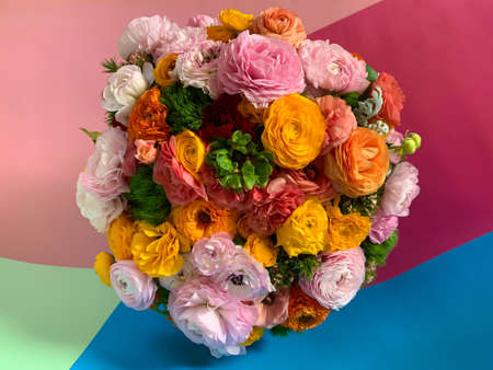 Flat view bright colorful pink yellow orange persian asian buttercup ranunculus asiaticus fresh flowers in round boxの写真素材