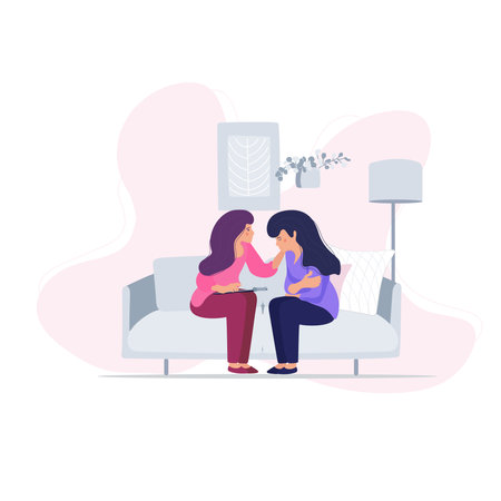 Psychological support of women, concept. Loneliness girl in the crowd. Sad woman communicates with a psychologist. Psyghological sessionのイラスト素材