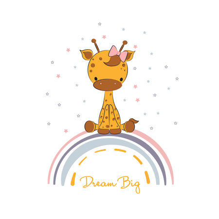 cute cartoon giraffe sitting on the rainbow . Dream big qoute.Cartoon doodle animal characters. Cute baby girl giraffe vector posterのイラスト素材