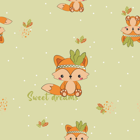 Cute fox charcter with sweet dreams text cartoon illustration. Woodland animals characters seamless pattern. Nursery kids room wall design. Nursery room wall animals texture.のイラスト素材