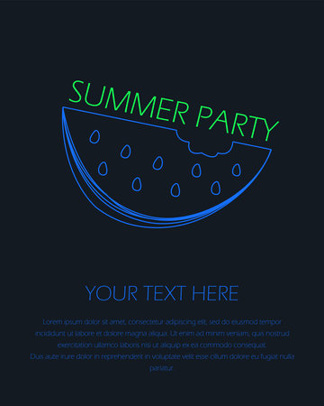 Watermelon slice cartoon color illustration and simple outline. Vector fresh sweet fruit. Summer party invitation card on black backgroundのイラスト素材