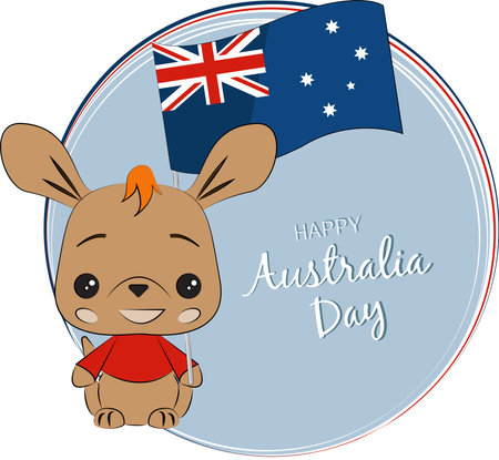 Cute Kangaroo cartoon character holds the flag of Australia on a blue background. Happy Australia Day celebration posterのイラスト素材
