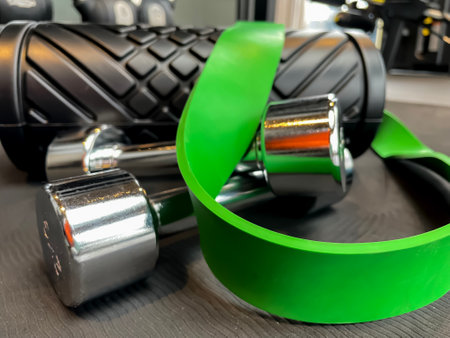 Dumbbells or weights on black mat with green elastic band for training. Concept for workout - closeup photo minimal designの写真素材