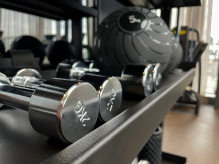 Sports workout and gym equipment on a gym shelves. Side view. Metal Dummbbells and abs ballsの写真素材