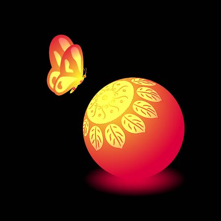 Neon butterfly and ball with floral element. Fashionable unusual postcard. Beautiful colorful image isolated on a black background. Glowing elements. Fashion stylish printing design. Stock vectorのイラスト素材