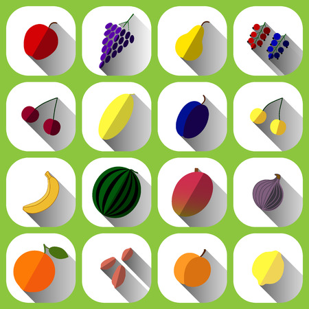 Fruits and berries icons on isolated white background. Healthy Food. Set of flat design beauty and nature icons for websites, print and promotional materials, web and mobile services, fashion. Vectorのイラスト素材