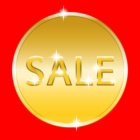 Colorful sale banner with golden effect. Icon for special offer in the form of gold coin. Label advertising message. Discount label isolated on red background. Design template in retro style. Vectorのイラスト素材