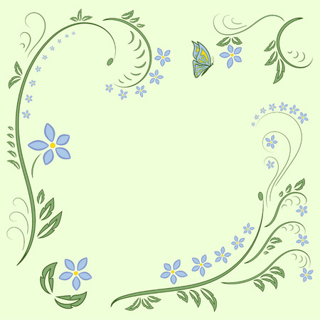 Floral ornament with butterflies on light green background. Flower Illustration Elements. Beautiful card with tree branches, foliage, butterfly, fantastic flowers. Ornamental element design. Vectorのイラスト素材