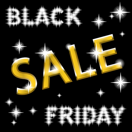 Colorful sale signboard with golden effect. A black background with text and stars for black friday. Icon for special offer. Christmas sale. Black friday golden sale banner decoration. Vectorのイラスト素材