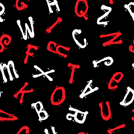 Seamless pattern with letters. Abstract funny white and red letters on a black background. Graphic style with alphabet. Can be used for prints, textiles, wrapping, wallpaper, website, blog etc. VECTORのイラスト素材