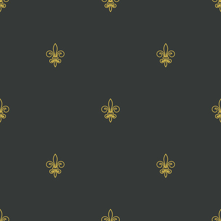 Seamless pattern with gold fleur-de-lis on gray background. Graphics design for wallpaper, wrapping, tiles, fabric, apparel, print production. Fleur de lis royal lily texture in antique style. Vectorのイラスト素材
