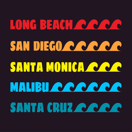 Beach typography. Fashion graphics design, surf. Graphic style for t-shirt, sportswear apparel and other print production. Original wear. Vector illustrationのイラスト素材