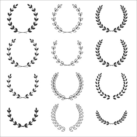 A laurel wreath icon - set symbols of victory and achievement. Vintage design for medals, awards, coat of arms or anniversary logo. Gray silhouette isolated on white background. Vector illustrationのイラスト素材