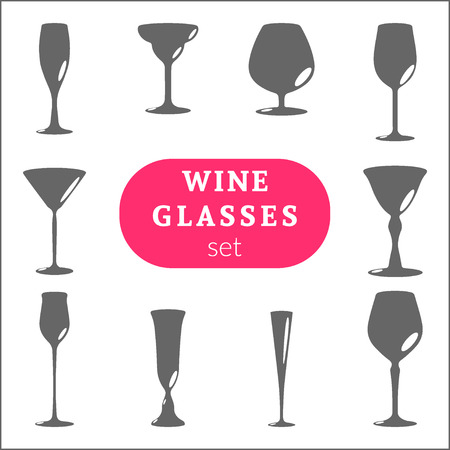 Set of stemware for different drinks. Wine, brandy, martini, cognac and other glasses symbols. Isolated icons collection for alcoholic drinks. Silhouettes of bocal. Vector illustrationのイラスト素材