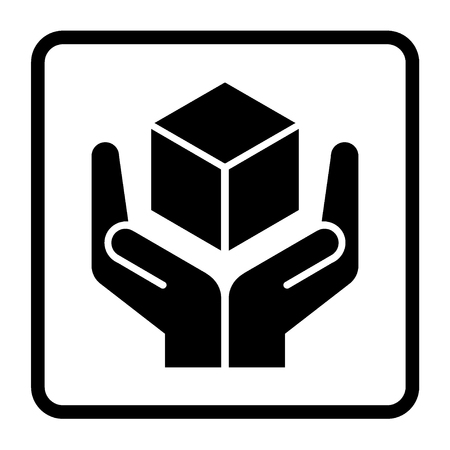 Handle with care sign in a black square. Fragile or packaging symbol. Fragile cardboard black icon isolated on a white background. Stock illustrationの写真素材