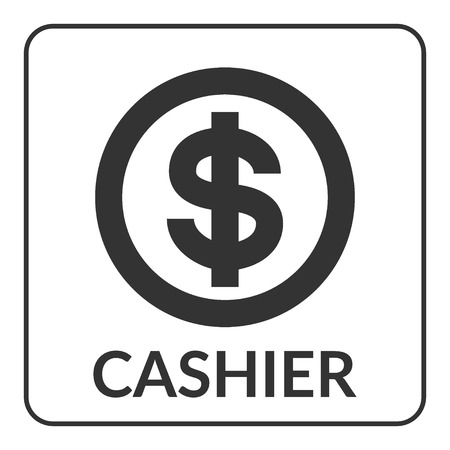Cashier icon with dollar sign for shop, store, bank, supermarket etc. Gray circle USD symbol cash isolated on white background. Stylized coin. Flat design concept of service. Stock vector illustrationのイラスト素材