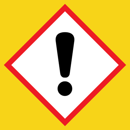 Exclamation point black sign. Hazard attention post icon on white background in a red rhombus, isolated on a yellow. Symbol of warning, caution, danger or risk. Flat style. Stock vector illustrationのイラスト素材