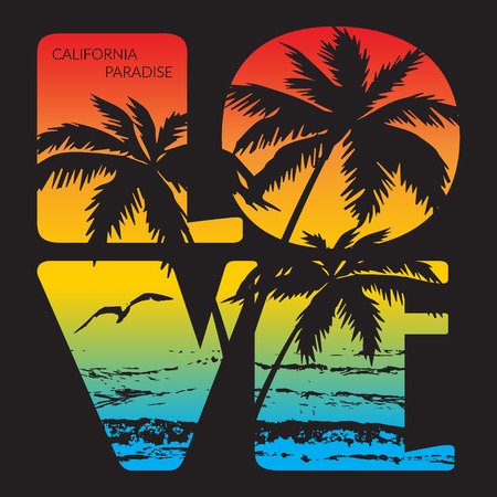 California paradise Typography Graphics. T-shirt Printing Design for sports apparel. CA ocean beach original wear. Concept in vintage style. Symbol of vacation, summer and surfing. Vector illustrationのイラスト素材
