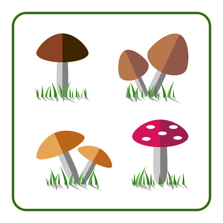 Mushroom icons set. Nature collection. Trendy beautiful set of flat elements, isolated on white background. Include grass, edible and inedible mushrooms. Sprites for the game Stock vector illustrationのイラスト素材