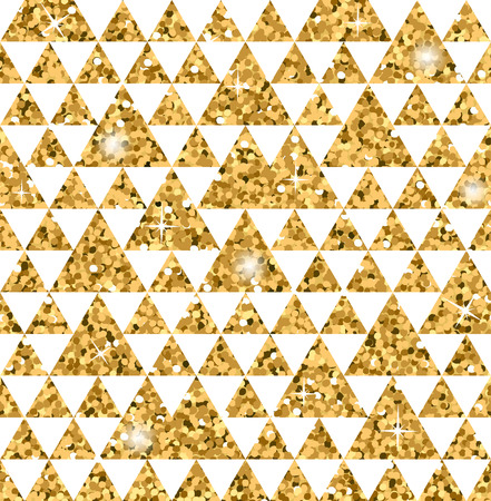 Triangle seamless pattern. Gold glitter white template. Abstract geometric texture. Golden art. Modern decoration. Design template for wallpaper, wrapping, fabric, background etc. Vector Illustration.のイラスト素材