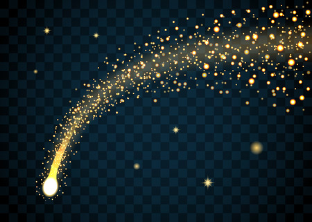 Golden sparkling falling star. Gold dust trail. Cosmic glittering wave in black background. Abstract Design template. Lights, glitter, sparkles. Fashion stylish retro style. Stock Vector illustration.のイラスト素材
