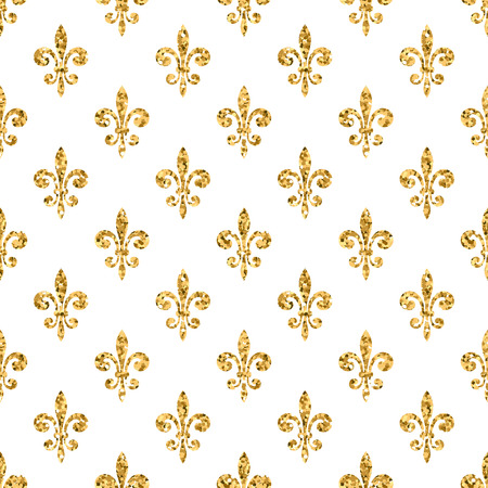 Golden fleur-de-lis seamless pattern. Gold glitter and white template. Floral texture. Glowing fleur de lis royal lily. Design vintage for card, wallpaper, wrapping, textile, etc. Vector Illustration.のイラスト素材