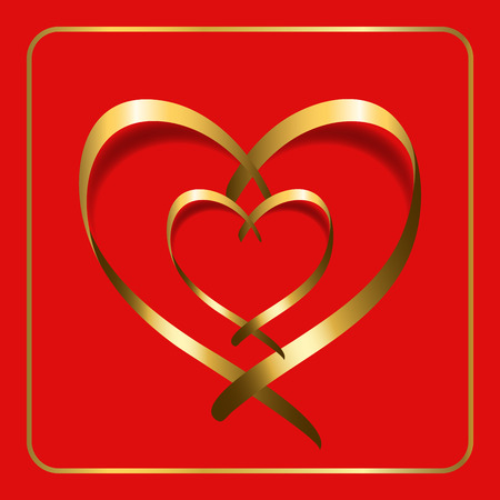 Gold ribbon double heart. Golden silhouette, isolated on red background. Symbol happy love, romantic, wedding. Valentine Day design 4 template banner, invitation, card, poster etc. Vector Illustrationのイラスト素材