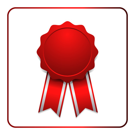 Ribbon award icon. Red badge, isolated on white background. Medal design element. Label emblem. Blank certificate, winner or prize, decoration. Symbol first, victory success, win. Vector illustrationのイラスト素材