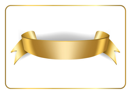 Gold satin empty ribbon. Golden blank banner. Design decoration element, isolated on white background. Vintage retro style. Template flag, greeting, card. Symbol guarantee product. Vector illustrationのイラスト素材