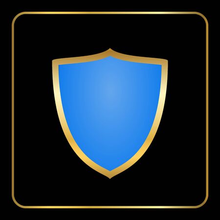 Shield gold icon. Golden metallic and blue graphic element, isolated on black background. Emblem glossy blank security, protection, safety. Privacy decoration sign. Premium design. Vector illustrationのイラスト素材