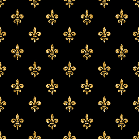 Golden fleur-de-lis seamless pattern. Gold glitter and black template. Floral texture. Glowing fleur de lis royal lily. Design vintage for card, wallpaper, wrapping, textile, etc. Vector Illustration.のイラスト素材