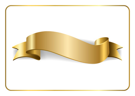 Gold satin empty ribbon. Golden blank banner. Design decoration element, isolated on white background. Vintage retro style. Template flag, greeting, card. Symbol guarantee product. Vector illustrationのイラスト素材