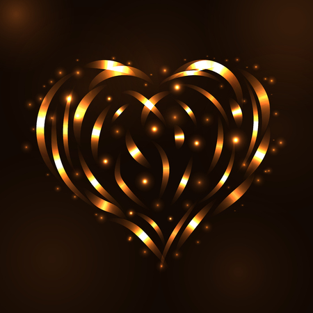 Gold heart light tracing effect. Glowing magic fire trace. Sparkle swirl trail, on black background. Glitter lines, flying sparkling flash lights. Symbol of love, Valentine day Vector illustrationのイラスト素材