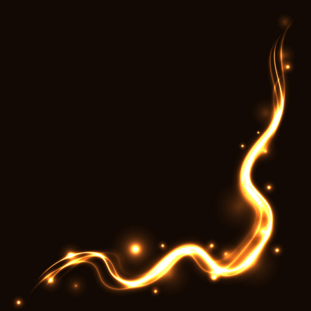 Gold ribbon tracing effect. Glowing fire trace. Sparkle trail on black background. Glitter line. Flying sparkling flash lights with stars. Modern graphic design banner,  card. Vector illustrationのイラスト素材
