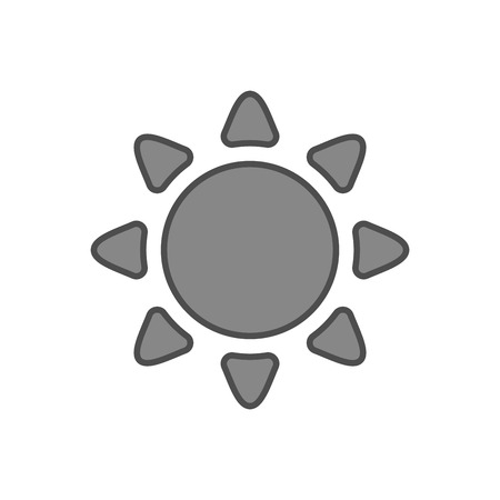 Sun icon. Light sign with sunbeams. Black design element, isolated on white background. Symbol of sunrise, heat, sunny and sunset, sunlight. Flat modern style for weather forecast. Vector Illustrationのイラスト素材