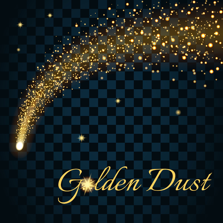 Golden sparkling falling star. Gold dust trail. Cosmic glittering wave in black background. Abstract Design template. Lights, glitter, sparkles. Fashion stylish retro style. Stock Vector illustration.のイラスト素材