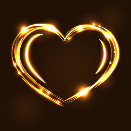 Gold heart light tracing effect. Glowing magic fire trace. Sparkle swirl trail, on black background. Glitter lines, flying sparkling flash lights. Symbol of love, Valentine day Vector illustrationのイラスト素材