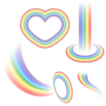 Rainbow icons set. Different shapes realistic, isolated on whtie background. Colorful light and bright design elements collection for decorative. Symbol of rain, sky, clear. Vector illustration.のイラスト素材