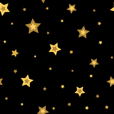Stars seamless pattern gold and black retro background. Chaotic elements. Abstract geometric shape texture. 3d effect sky. Design template for wallpaper, wrapping, fabric, textile. Vector Illustrationのイラスト素材