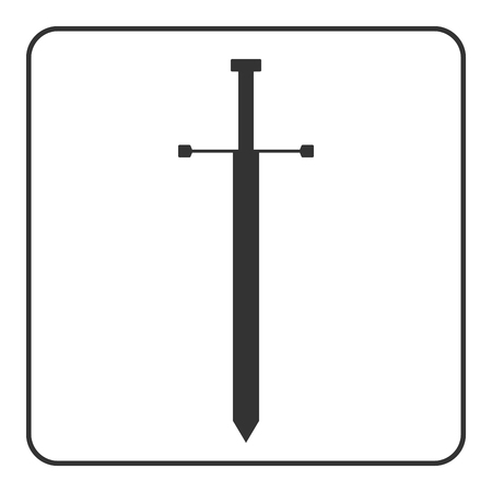 Medieval sword icon. Gray silhouette isolated on white background. Symbol of knight, warrior, weapon and victory, battle, templar. Flat style. Military historic traditional design. Vector illustrationのイラスト素材